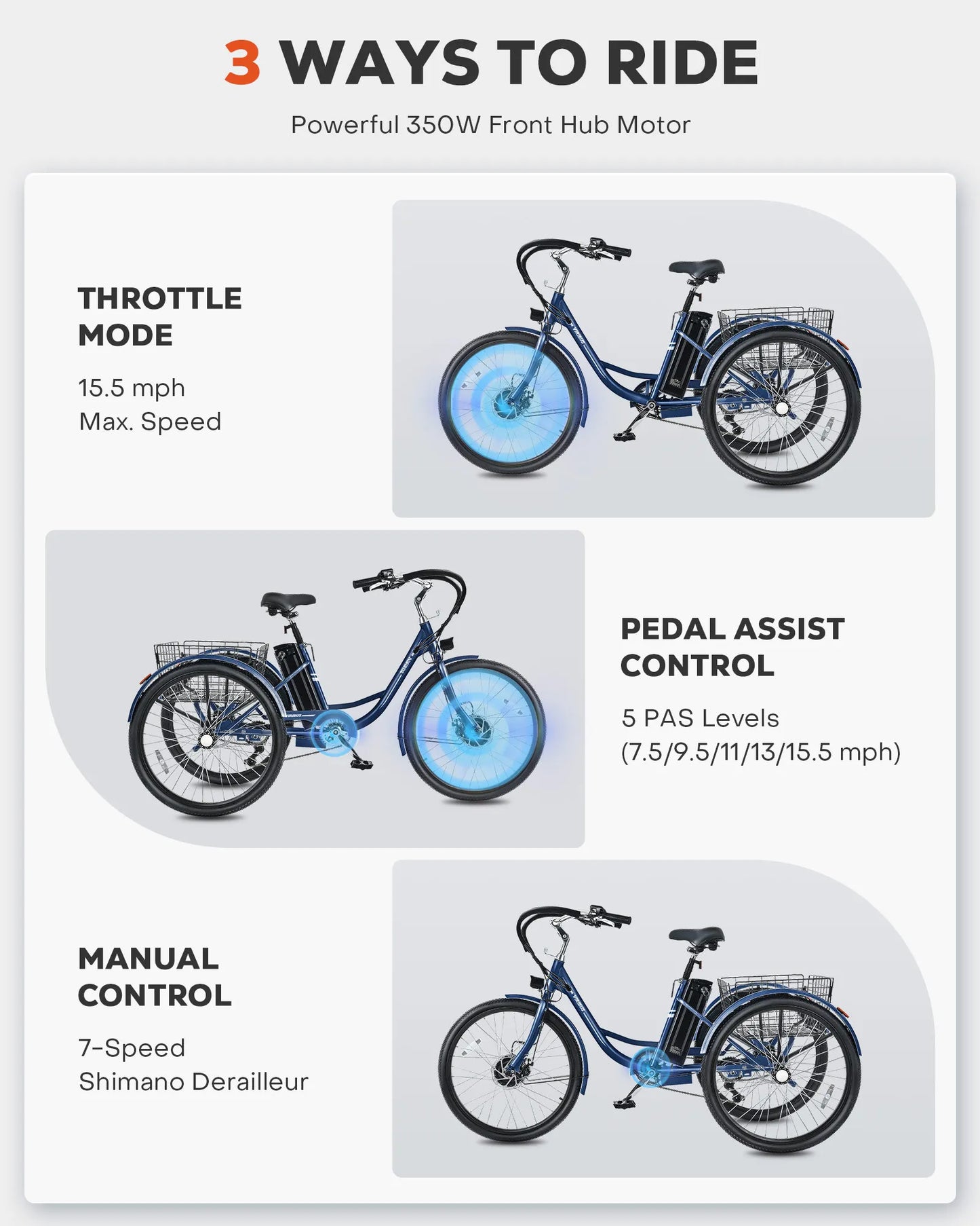Electric Tricycle For Adults 7 Speed 350W Motor 36V Battery