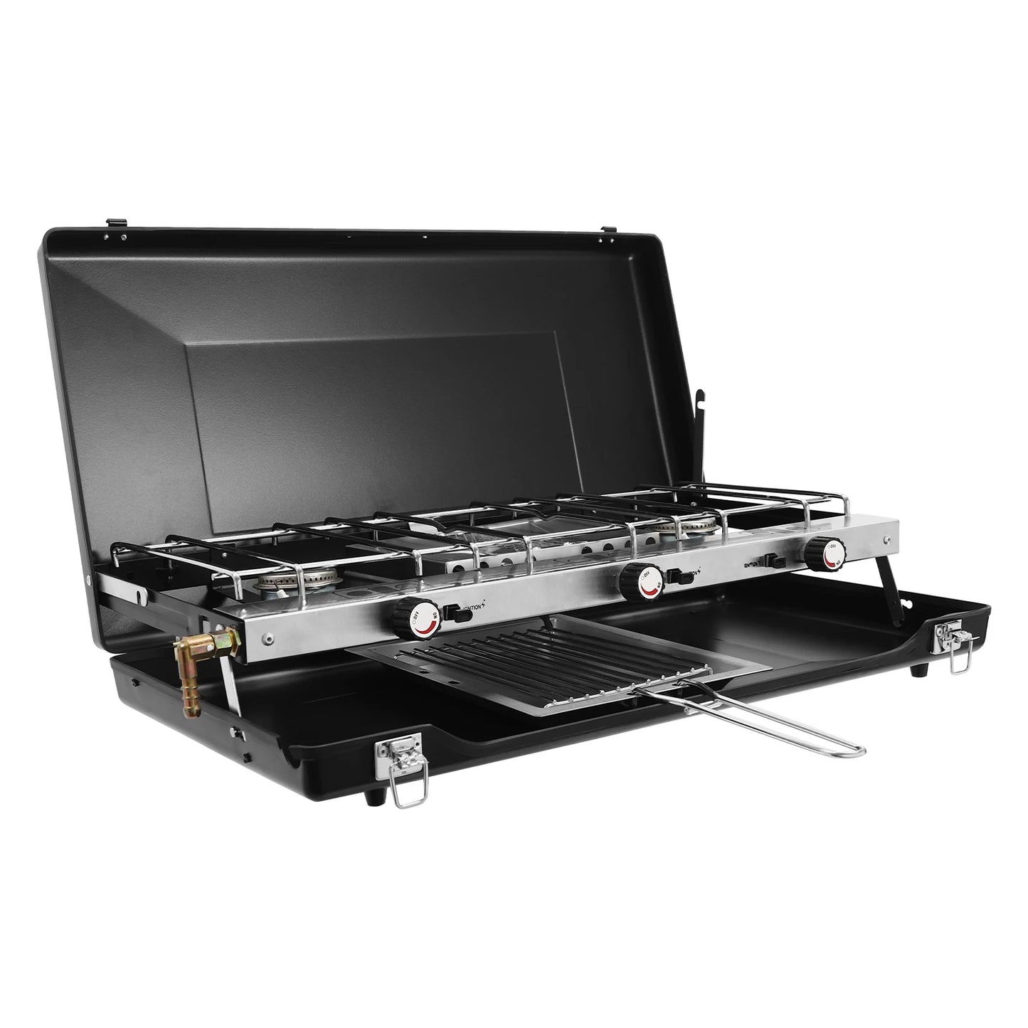 Portable 3 Burner Propane Camping Stove With Griddle
