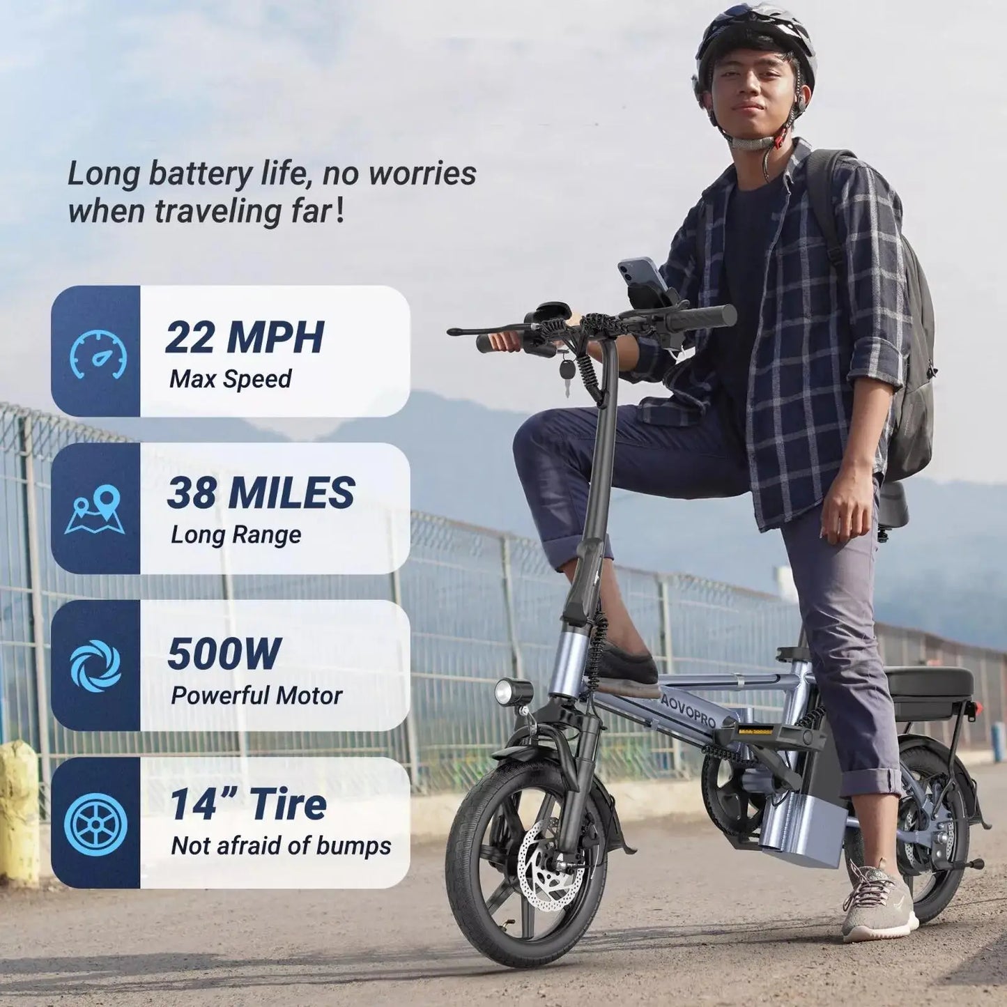 AOVOPRO Foldable Electric Bike 500W 48V Dual Seat Ebike
