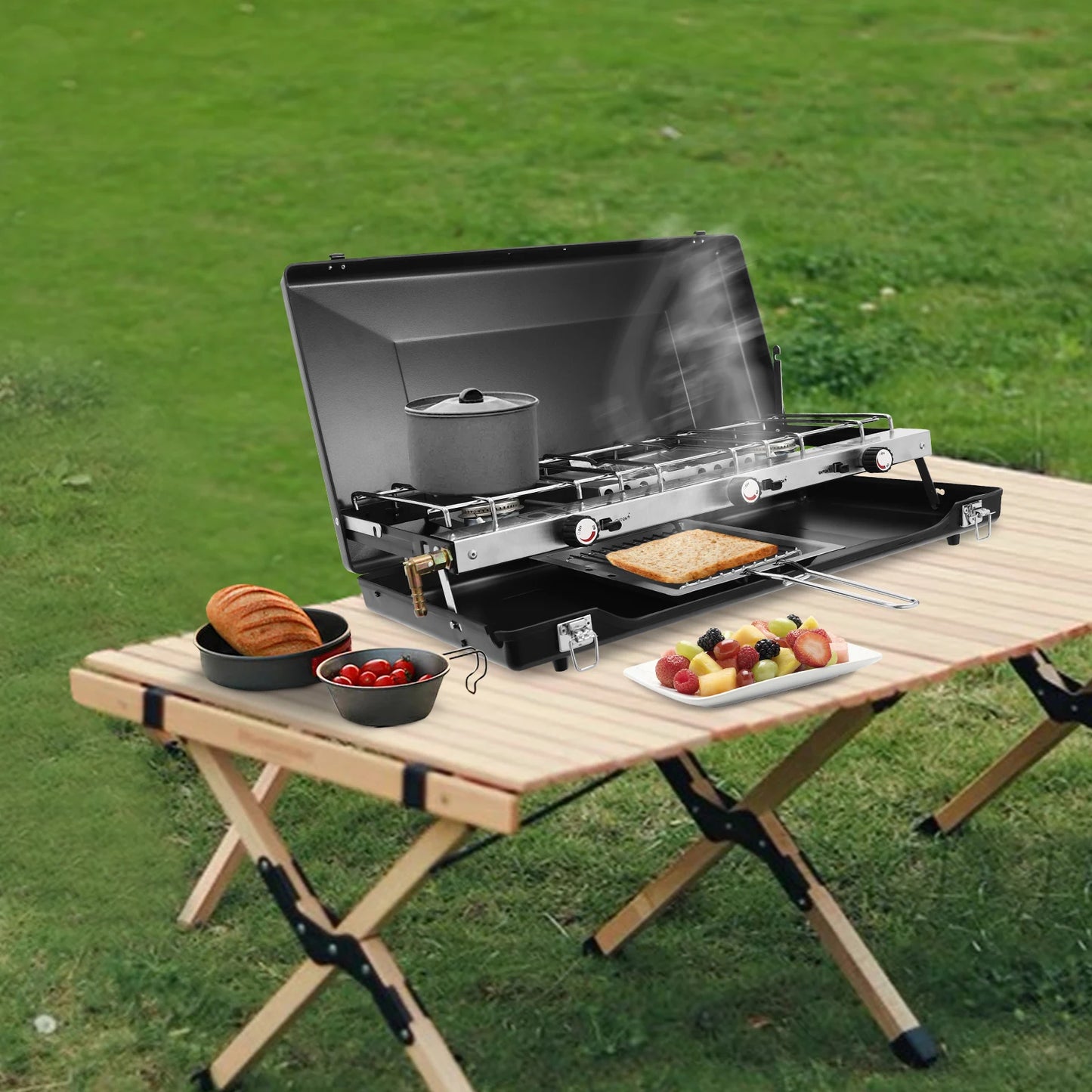 Portable 3 Burner Propane Camping Stove With Griddle