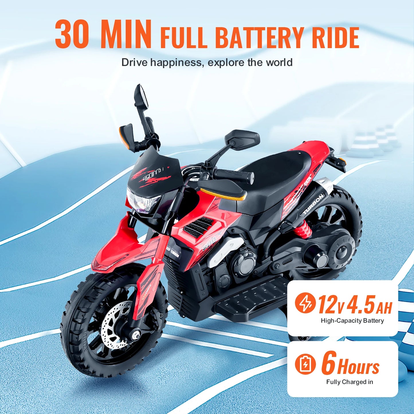 SucceBuy 6V 12V Kids Ride On Motorcycle Headlight Bluetooth