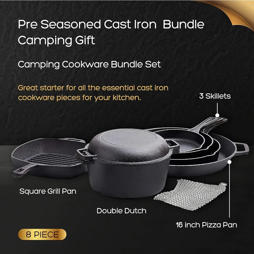 YTYINH 8 Piece Cast Iron Camping Cookware Set Durable