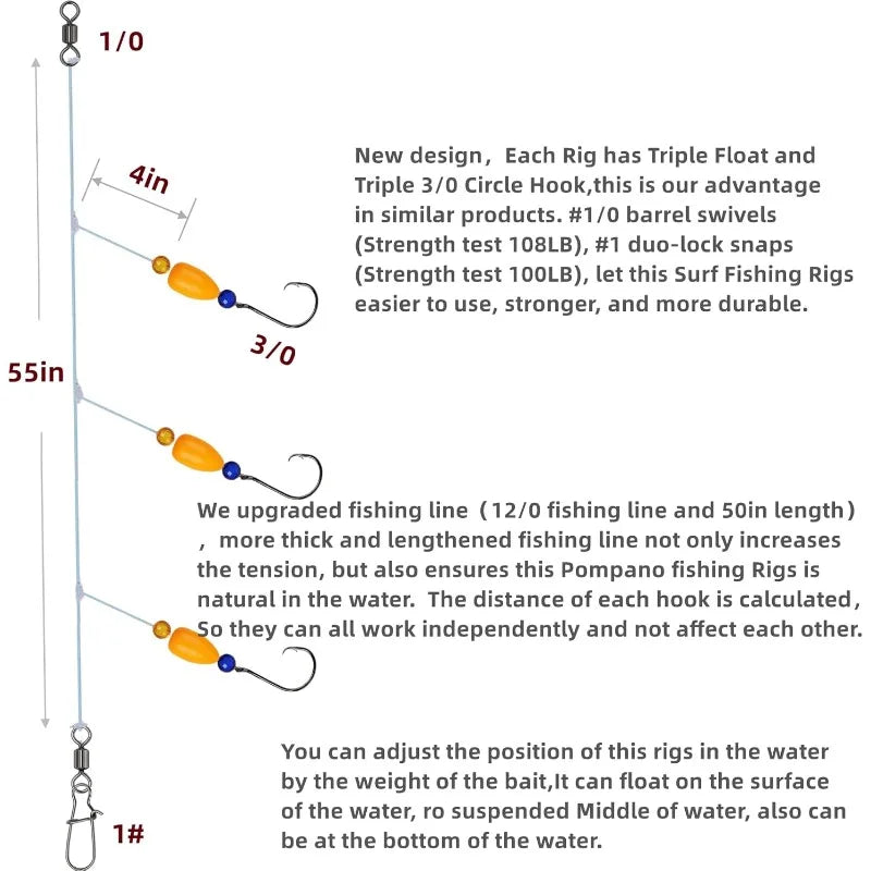 YTYINH Pompano Surf Fishing Rig Kit Triple Circle Hooks