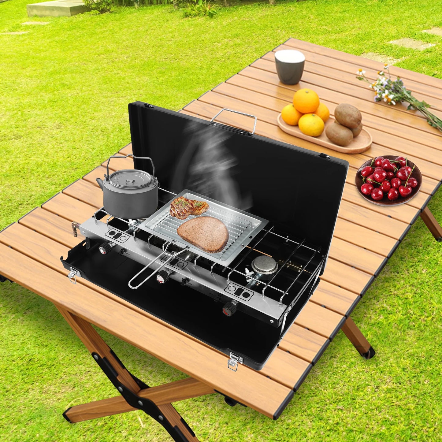 Portable 3 Burner Propane Camping Stove With Griddle