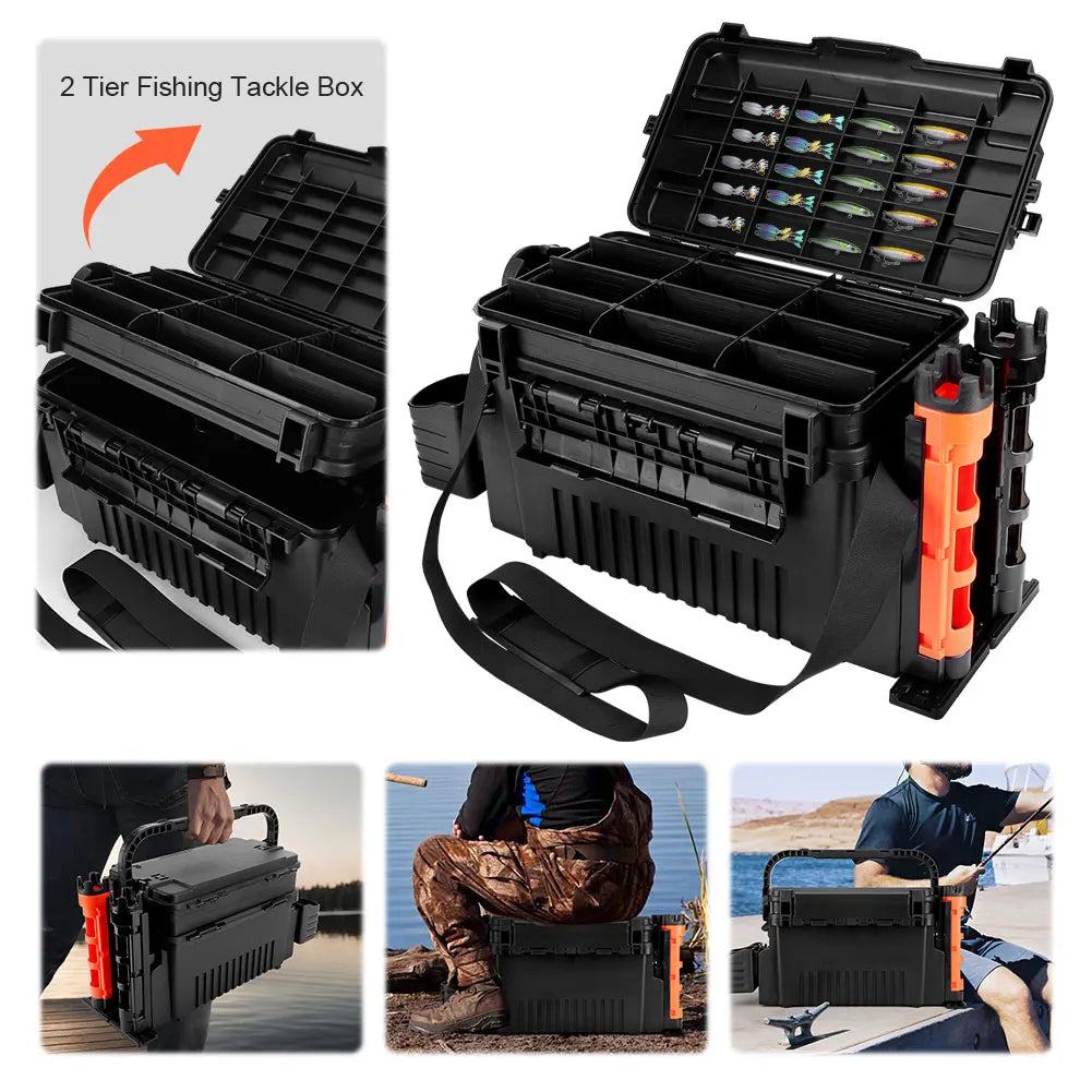 2 Tier Portable Fishing Tackle Box With Cup Rod Holder