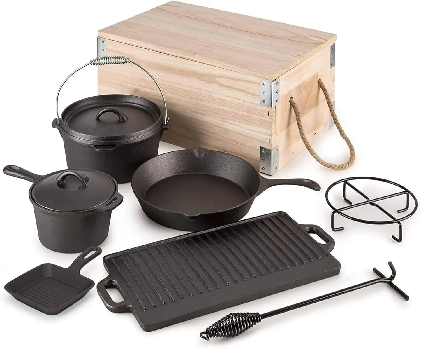 YTYINH Cast Iron 8 Piece Camping Cookware Set With Box