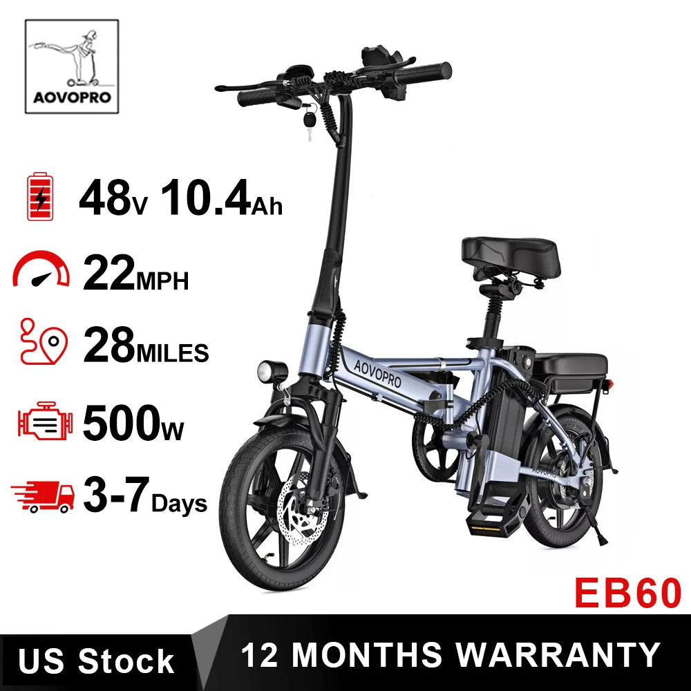 AOVOPRO Foldable Electric Bike 500W 48V Dual Seat Ebike