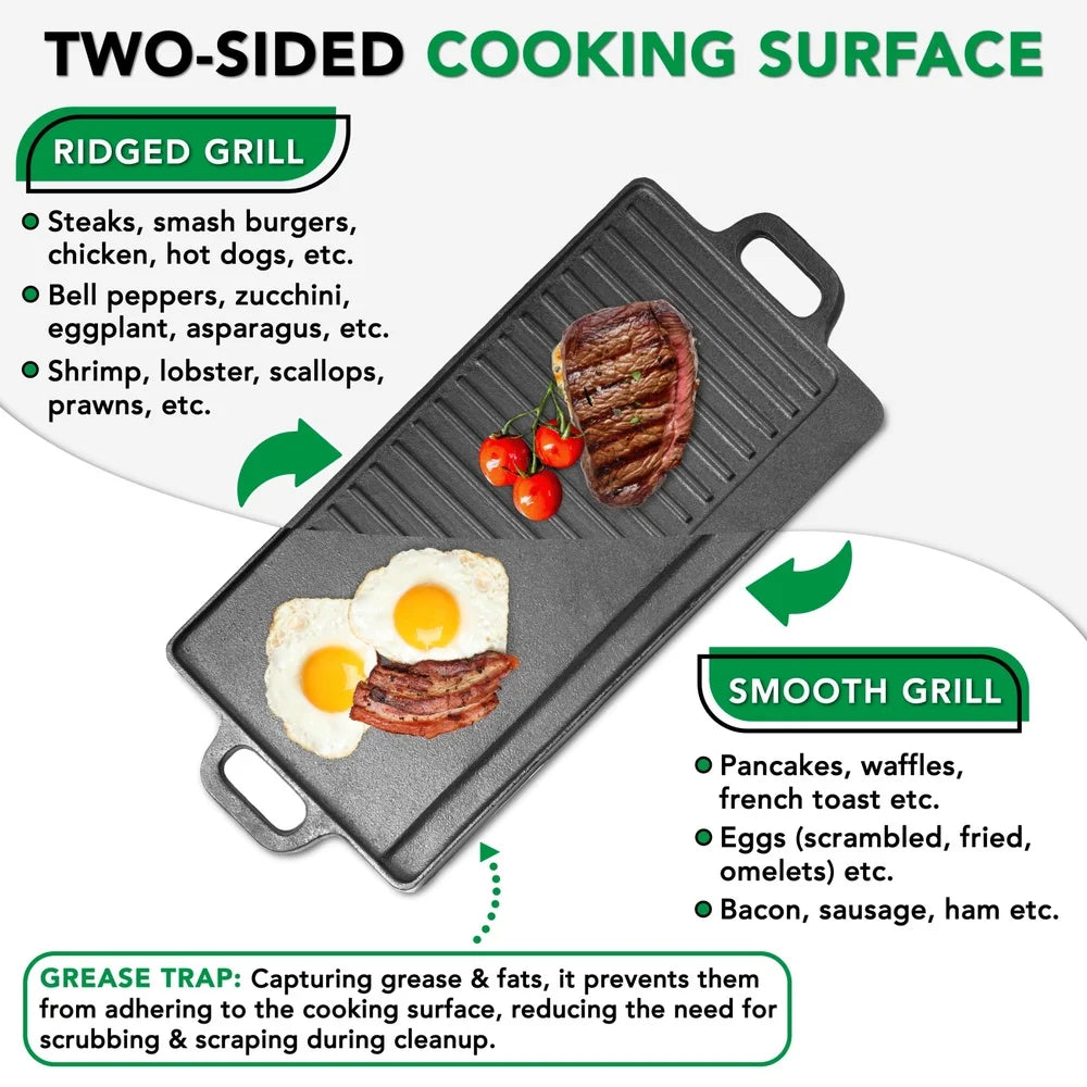 Reversible Cast Iron Griddle Double Burner Nonstick