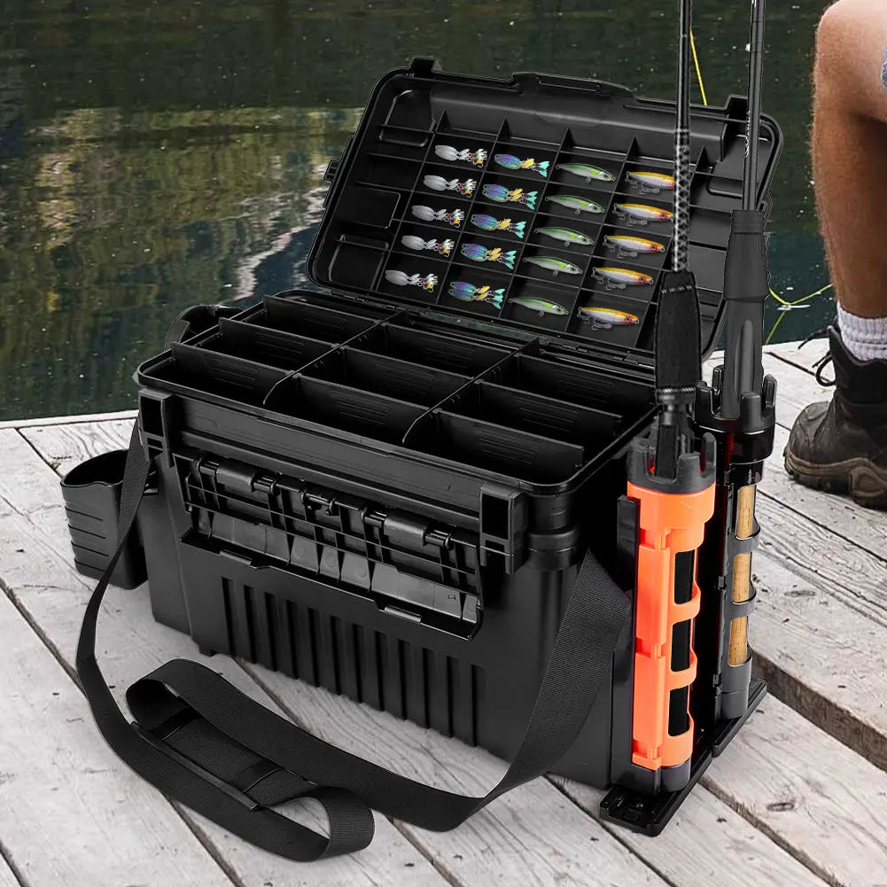 2 Tier Portable Fishing Tackle Box With Cup Rod Holder