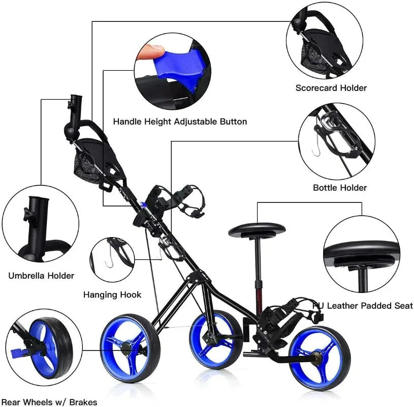 YTYIN Golf Push Cart With Seat Height Adjustable Handle