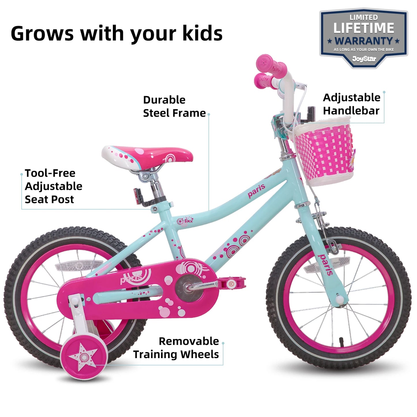 JOYSTAR Kids Bike With Training Wheels Basket Water Bottle Handbrake And Steel Frame
