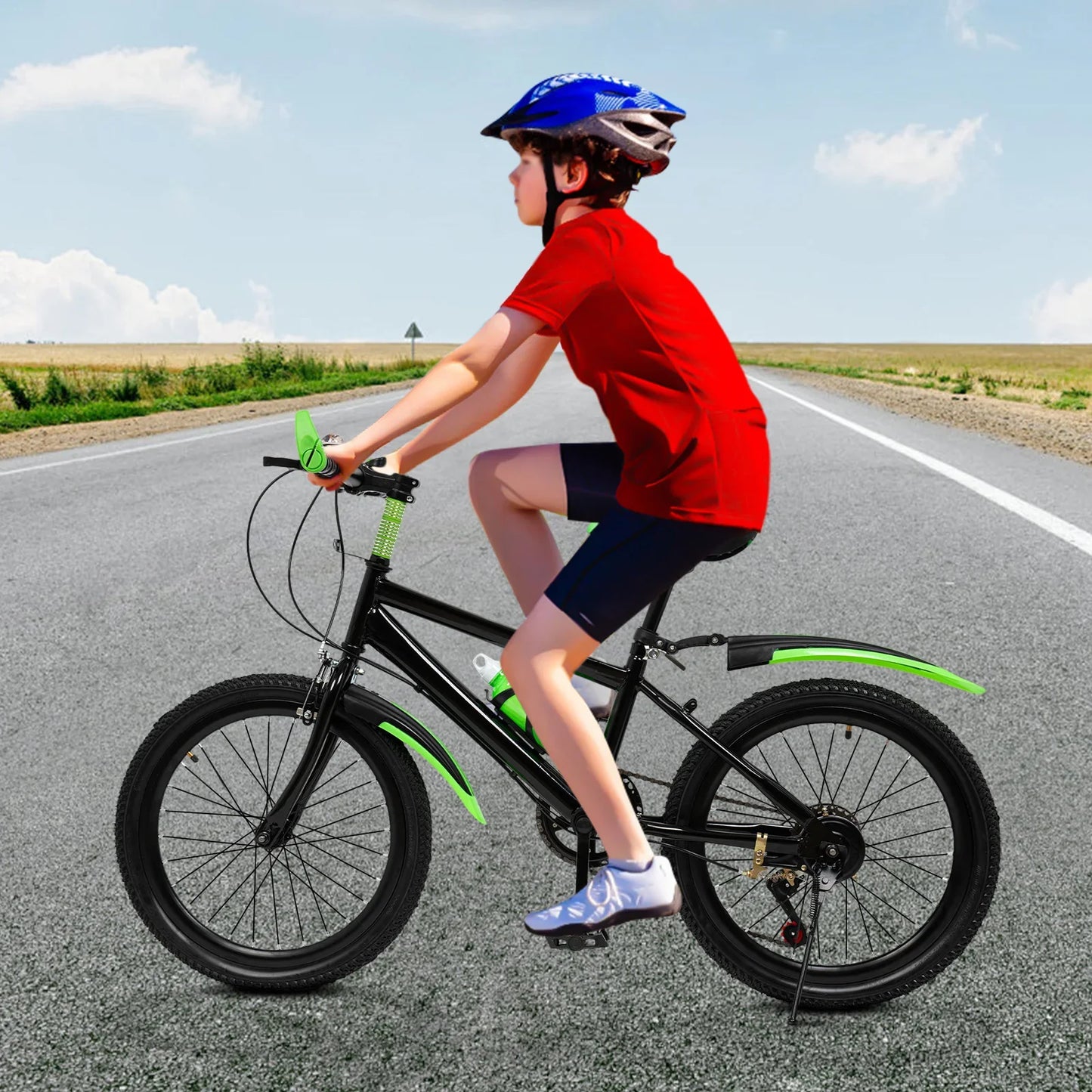 Fork Kids Mountain Bike 7 Speeds Dual Disc Brakes Includes Kettle Mudguard Lightweight Steel Frame