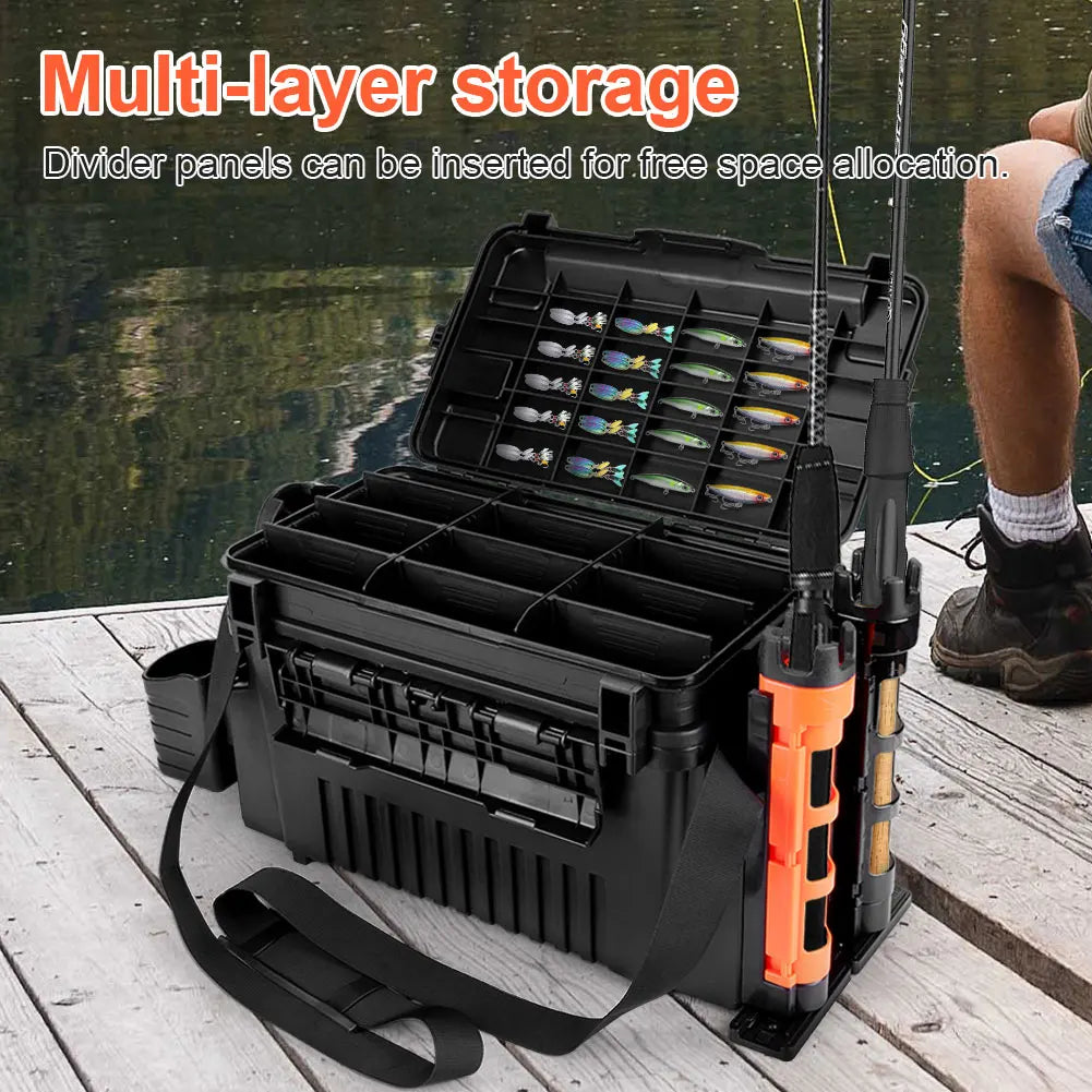 2 Tier Portable Fishing Tackle Box With Cup Rod Holder