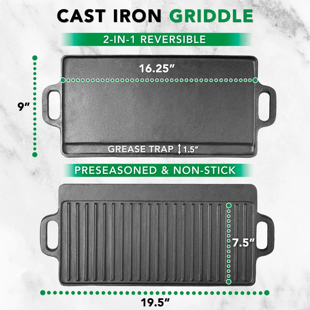 Reversible Cast Iron Griddle Double Burner Nonstick