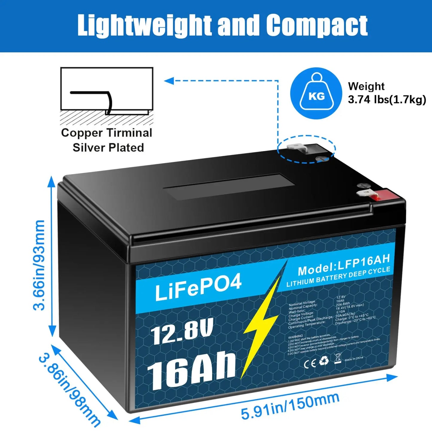 JYJZPB 12V LiFePO4 16Ah Marine Battery With 16A BMS