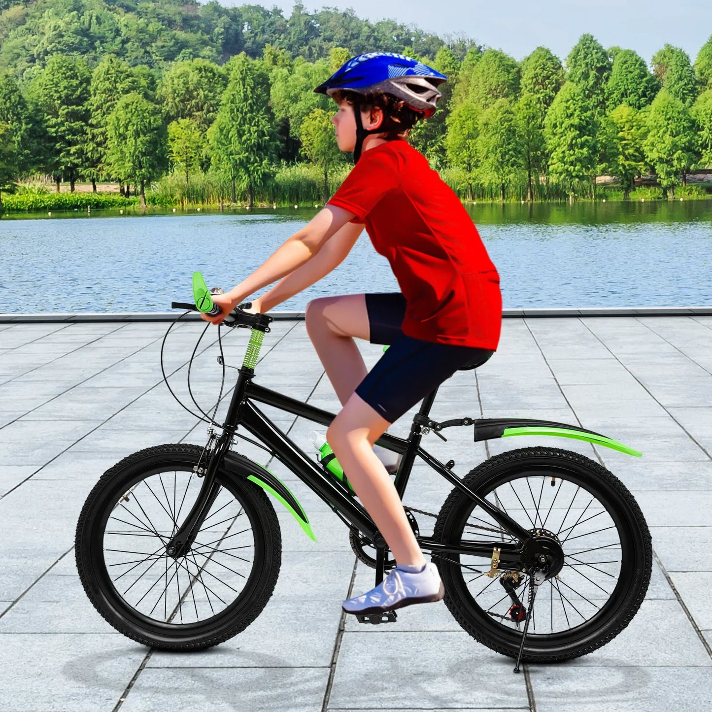Fork Kids Mountain Bike 7 Speeds Dual Disc Brakes Includes Kettle Mudguard Lightweight Steel Frame