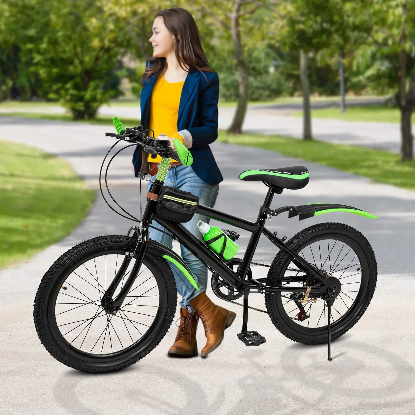 Fork Kids Mountain Bike 7 Speeds Dual Disc Brakes Includes Kettle Mudguard Lightweight Steel Frame