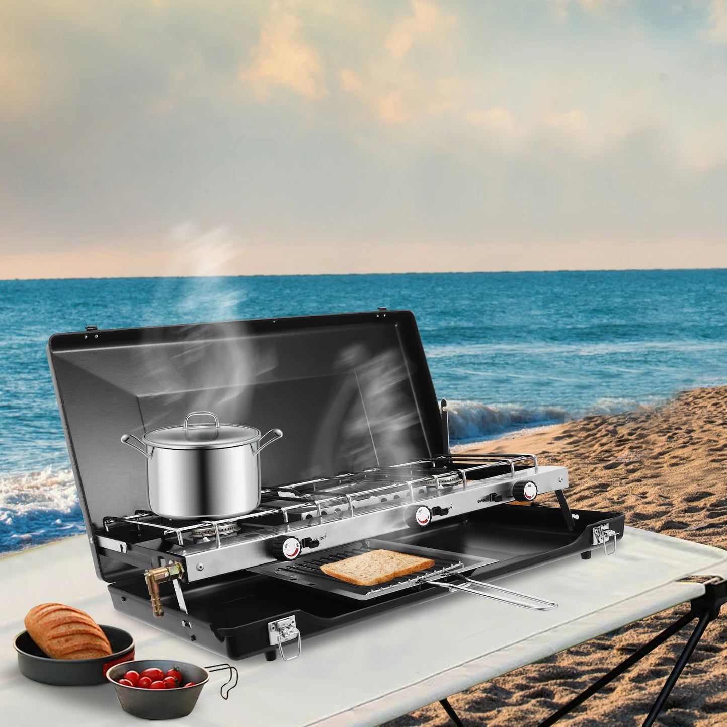 Portable 3 Burner Propane Camping Stove With Griddle