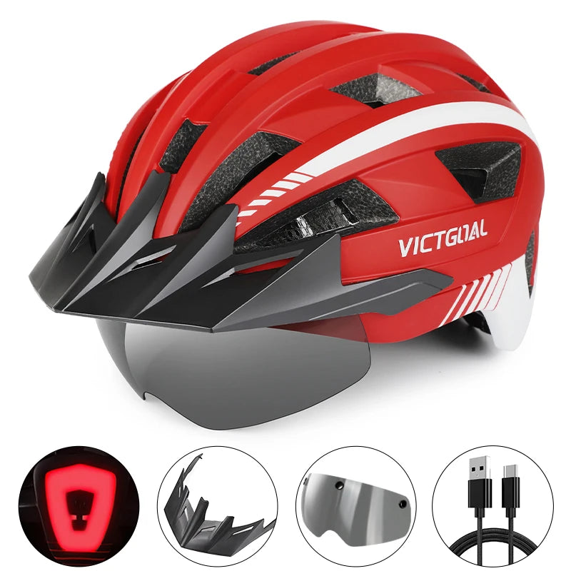 Victgoal MTB Helmet With Visor LED Rear Light Racing