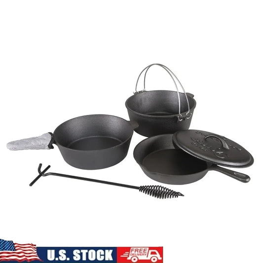 XMSJ Cast Iron Camping Cookware Set Dutch Oven Fry Pan